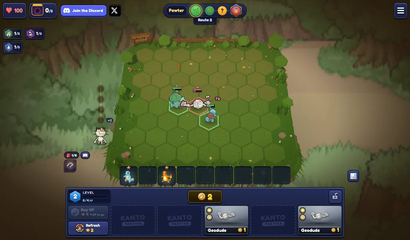 Kanto Tactics first fight on Route 2: Bulbasaur and Squirtle against a wild Geodude on the hex board